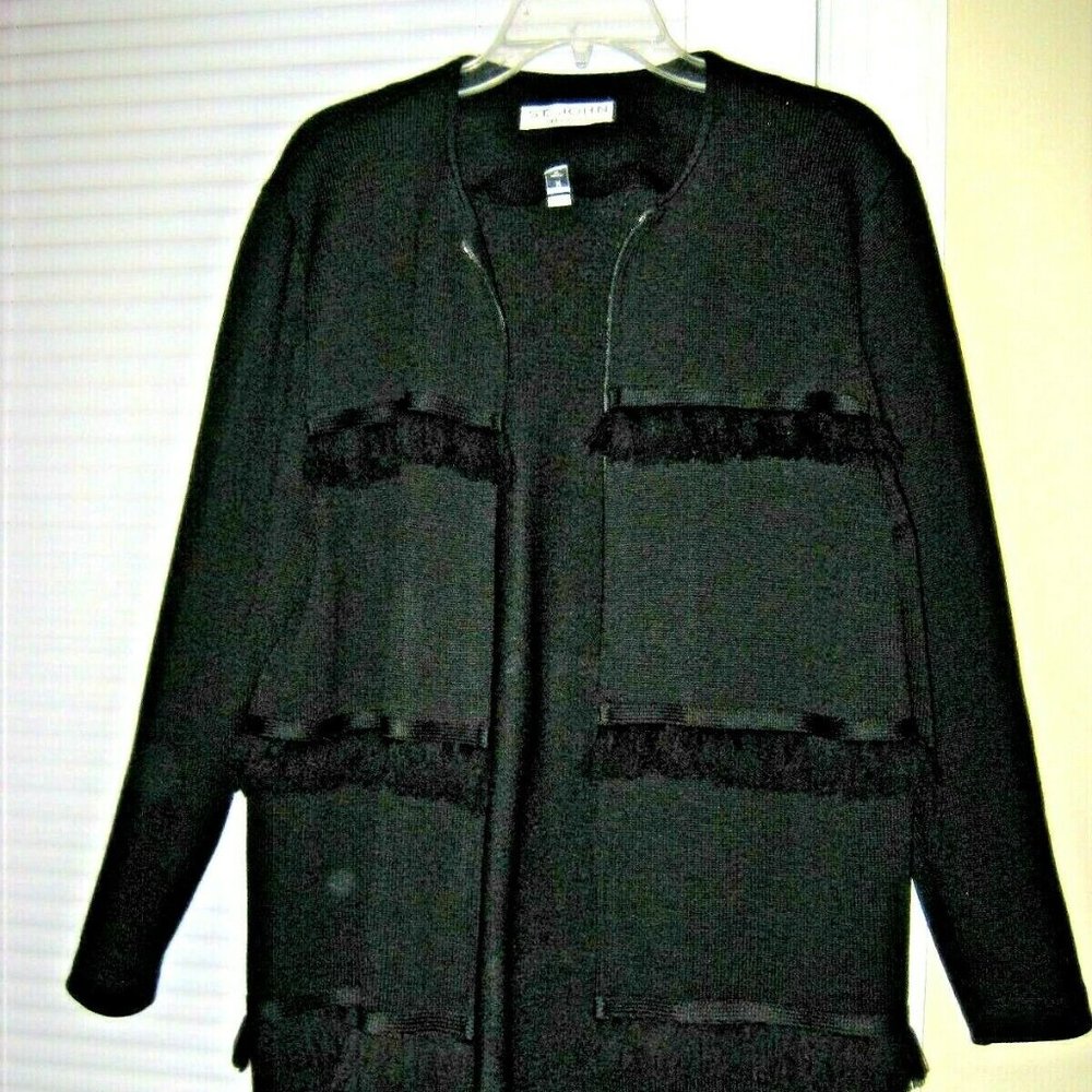❤️ST JOHN SEPARATES ZIP UP BLACK FRINGED KNEE LENGTH TUNIC SWEATER TOP M